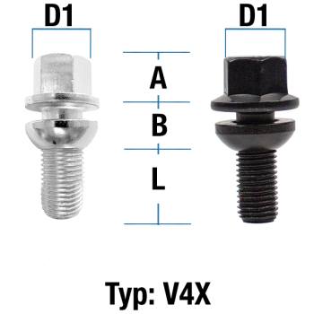 Radschraube M14X1,25 Kugel R14 zweiteilig Typ V4X (V4V/V4W) - L: 26 - 52 mm