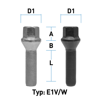 Wheel bolt M14X1,5 conical 60° type E1X (E1V/E1W) - L: 27 - 60 mm