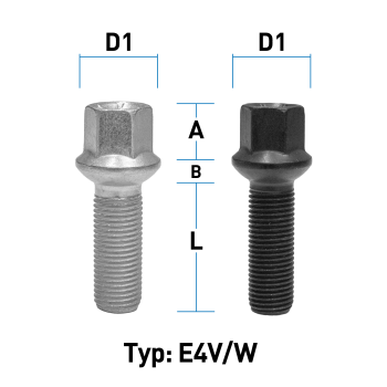 Radschraube M14X1,5 Kugel R14 Typ E4X (E4V/E4W) - L: 27 - 65 mm