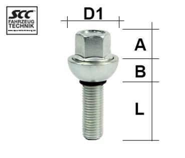 Wheel bolt M12X1,5 sphere R14 two-pieced type 24A - L: 15 - 53 mm