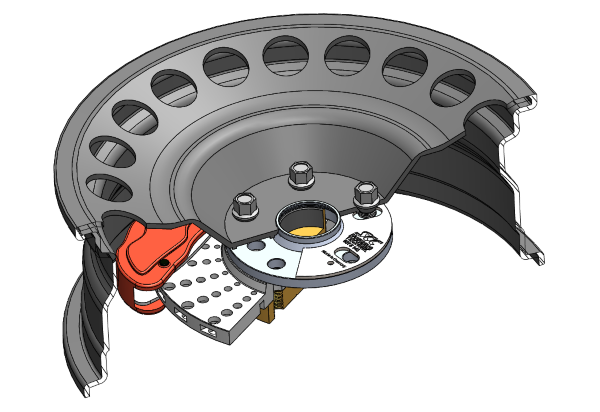 3D-Querschnitt einer Fahrzeugfelge mit Bremsscheibe, Bremssattel und Befestigungselementen.