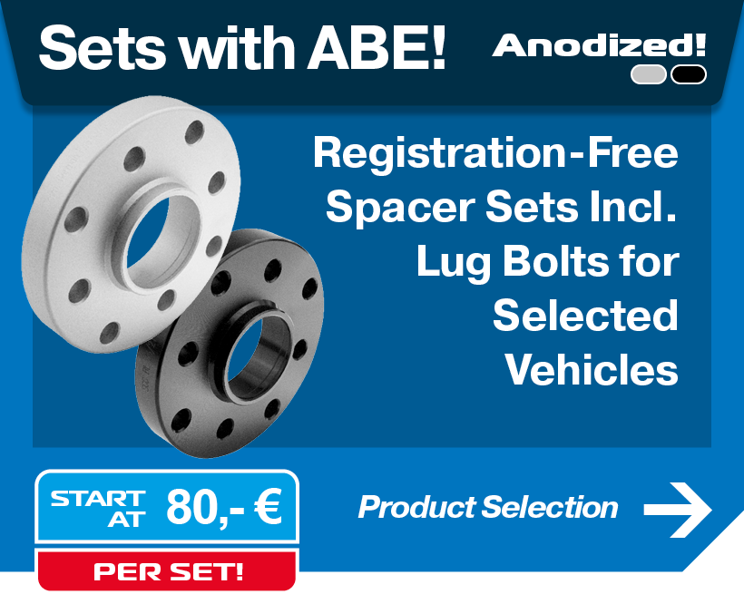 Banner für Sets mit ABE mit zwei SCC Spurverbreiterungen in Silber und Schwarz. Text: Eintragungsfreie Komplett-Sets inkl. Radschrauben für ausgewählte Fahrzeuge.