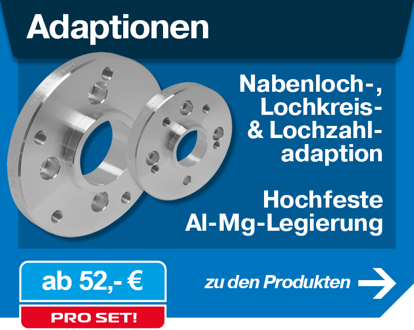 Banner für Adaptionen zeigt zwei silberne SCC Adaptionen. Text: Nabenloch-, Lochkreis- & Lochzahladaption, Hochfeste Al-Mg-Legierung.