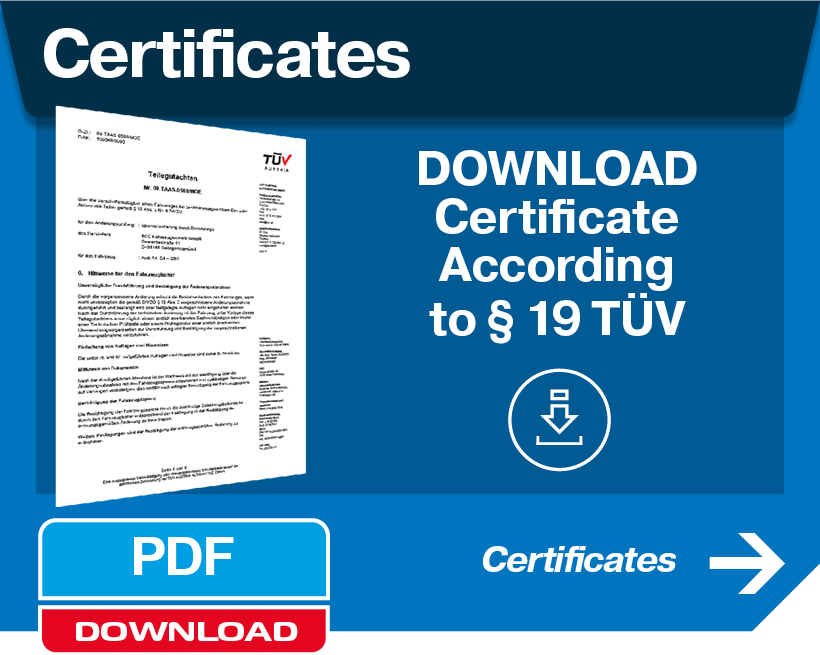 Banner für Gutachten. Zeigt ein TÜV-Teilegutachten-Dokument und ein Download-Symbol.
