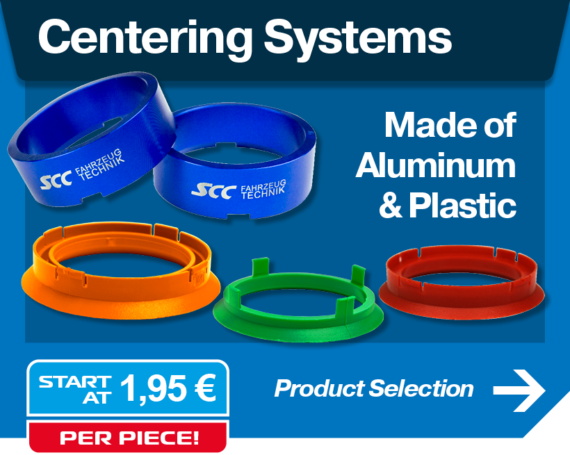 Banner für Zentriersysteme. Zeigt zwei blaue SCC Zentrierringe aus Aluminium mit Logo und drei Kunststoffringe in Orange, Grün und Rot.